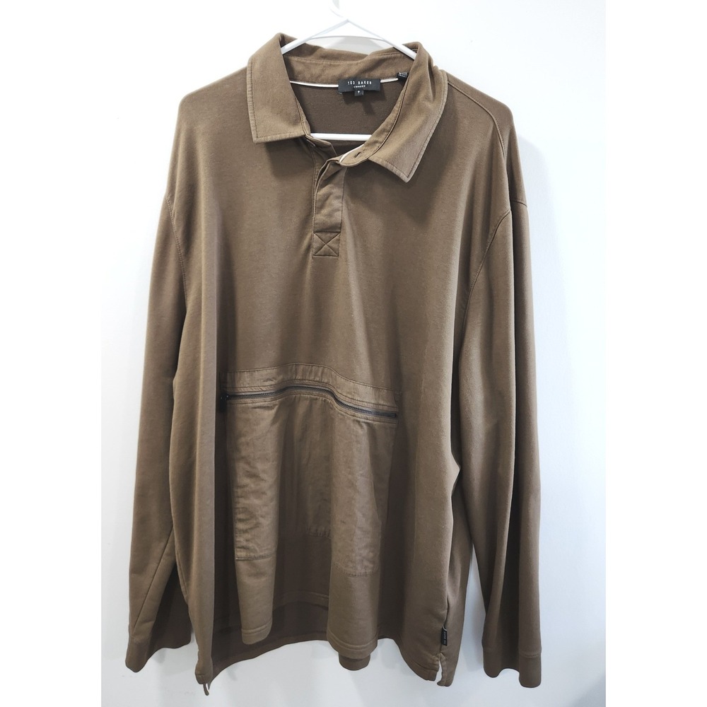 Ted Baker London Mens Brown Long Sleeve Utility Polo Shirt Zip Pocket Size 7 XXL